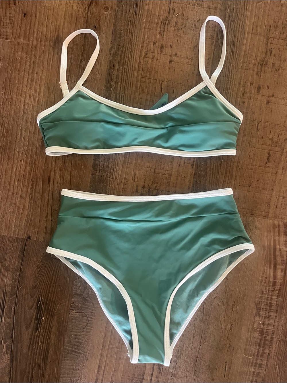 Seafoam Green Bikini Set with White Trim women’s Small high waist sporty new!